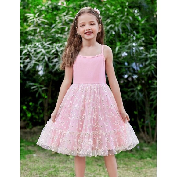 🆕Toddler Girls Pink Daisy Tulle Dress Rainbow Tutu Birthday Princess 2-6T - Picture 2 of 9